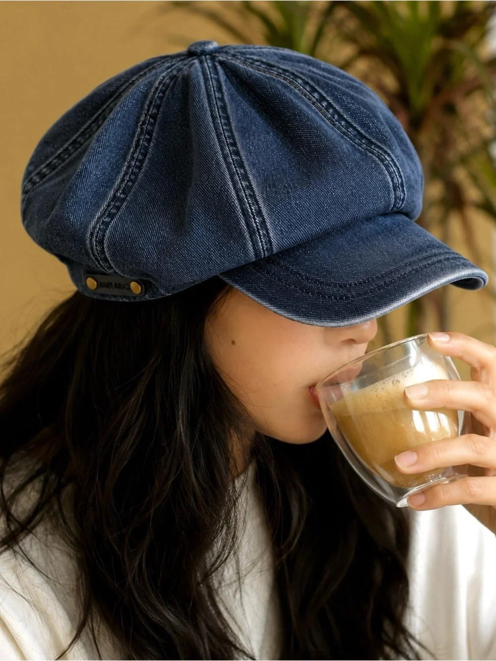 E / Cara Park Denim Newsboy Cap Slouchy Baker Boy Hat Boho Baggy Back